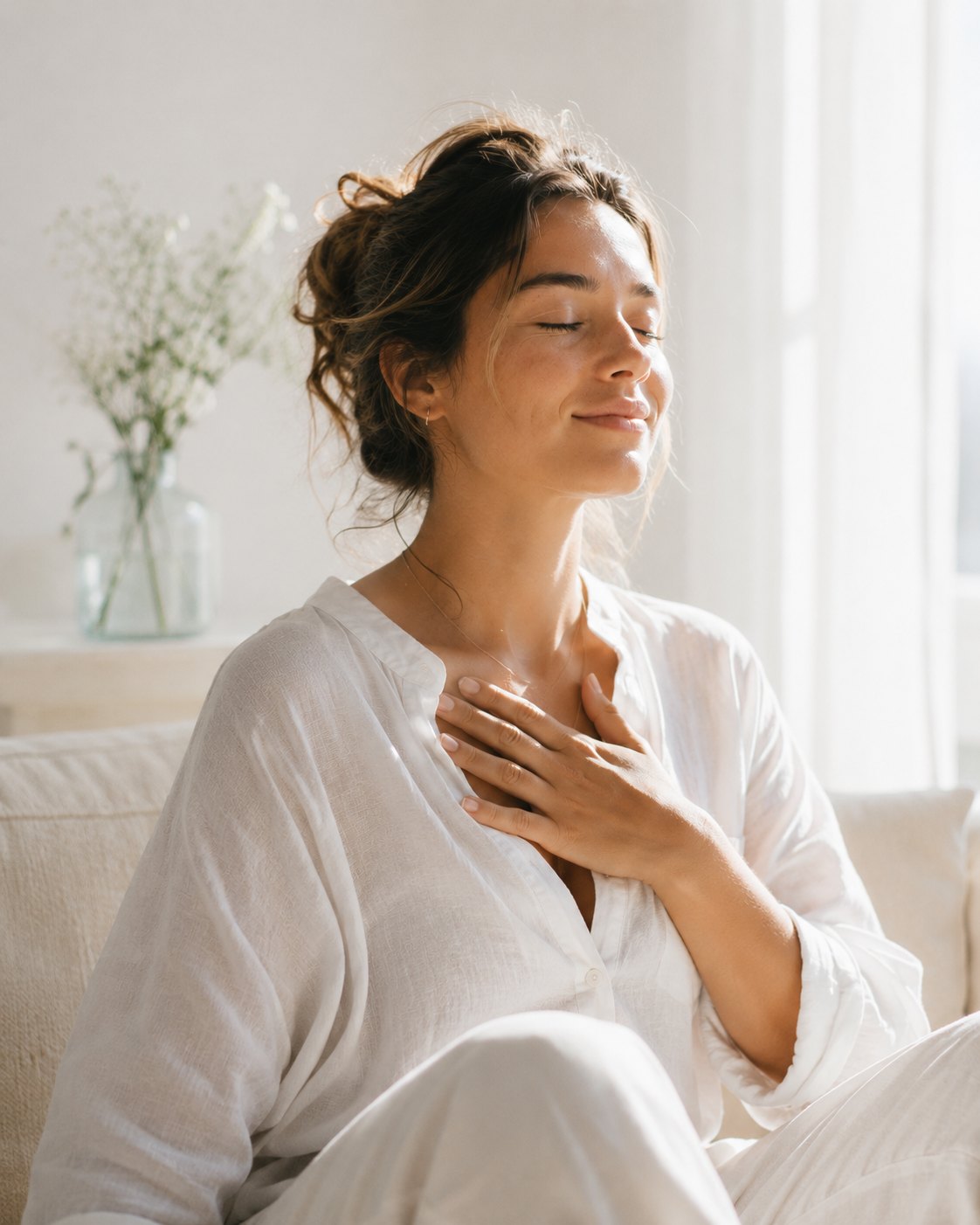Woman with hands on her heart in a calm bright room, therapeutic wellness